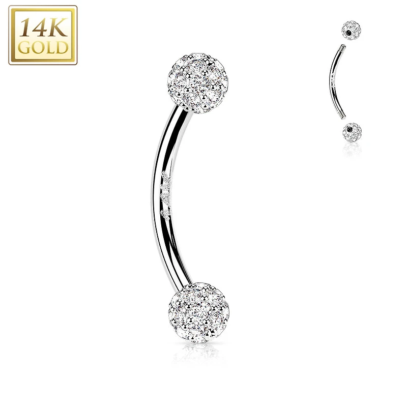 14kt White Gold 16ga Small White Multi CZ Cluster Curved Barbell