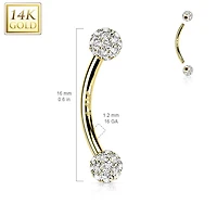14kt Yellow Gold 16ga Small White Multi CZ Cluster Curved Barbell