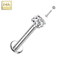 14KT White Gold White CZ Gem Internally Threaded Flat Back Labret