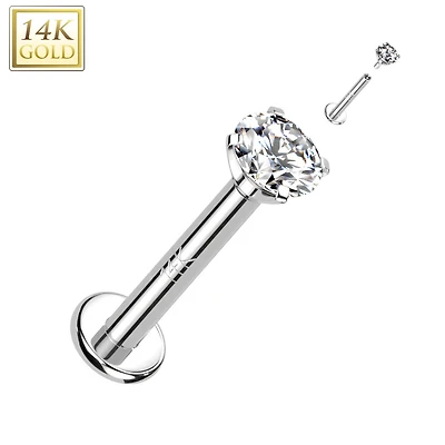 14KT White Gold White CZ Gem Internally Threaded Flat Back Labret