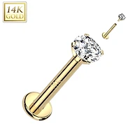 14KT Yellow Gold White CZ Gem Internally Threaded Flat Back Labret