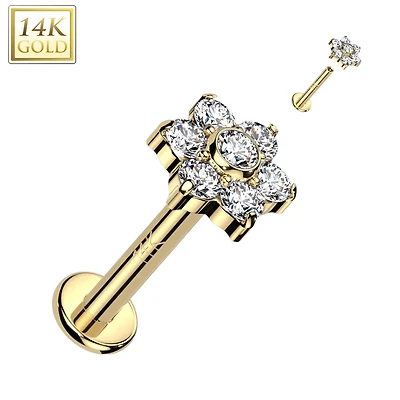 14KT Yellow Gold White CZ Flower Internally Threaded Flat Back Labret