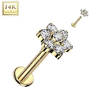 14KT Yellow Gold White CZ Flower Internally Threaded Flat Back Labret