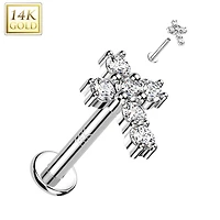 14KT White Gold White CZ Cross Flat Back Labret
