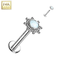 14KT White Gold White Opal Beaded Internally Threaded Flat Back Labret