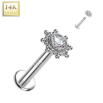 14KT White Gold White CZ Beaded Internally Threaded Flat Back Labret