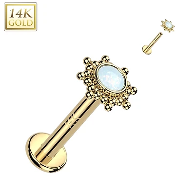 14KT Yellow Gold White Opal Beaded Internally Threaded Flat Back Labret