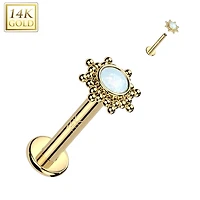 14KT Yellow Gold White Opal Beaded Internally Threaded Flat Back Labret