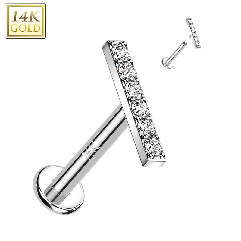 14KT White Gold White CZ Bar Internally Threaded Flat Back Labret