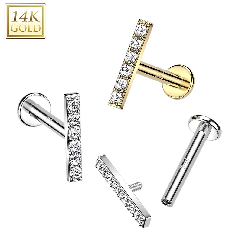 14KT Gold White CZ Bar Internally Threaded Flat Back Labret
