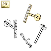 14KT White Gold White CZ Bar Internally Threaded Flat Back Labret