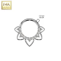 14kt White Gold CZ Floral Beaded Tribal Septum Daith Hinged Clicker Hoop