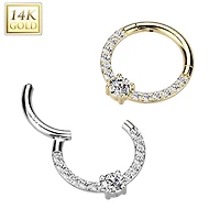 14kt Gold Pave CZ White Gem Center Septum Daith Hinged Clicker Hoop