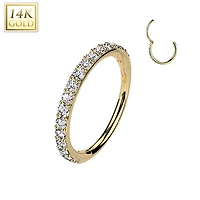 14KT Yellow Gold White CZ Pave Hinged Clicker Nose Hoop