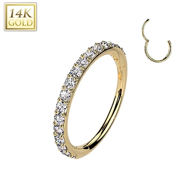 14KT Yellow Gold White CZ Pave Hinged Clicker Nose Hoop