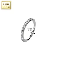 14KT Yellow Gold White CZ Pave Hinged Clicker Nose Hoop