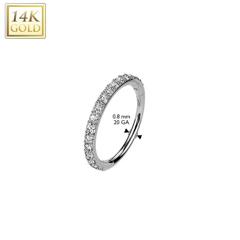 14KT White Gold White CZ Pave Hinged Clicker Nose Hoop