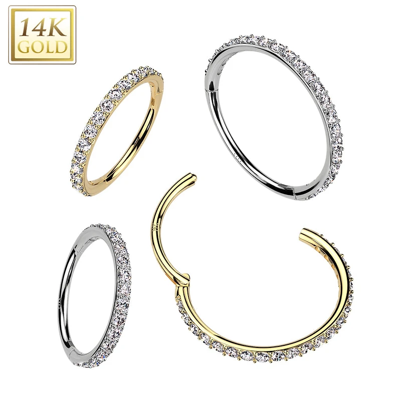 14KT Yellow Gold White CZ Pave Hinged Clicker Nose Hoop