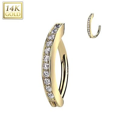 14KT Yellow Gold White CZ Clicker Hoop Hinged Belly Ring
