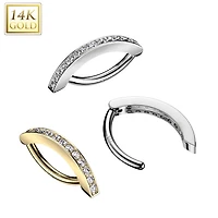 14KT White Gold White CZ Clicker Hoop Hinged Belly Ring