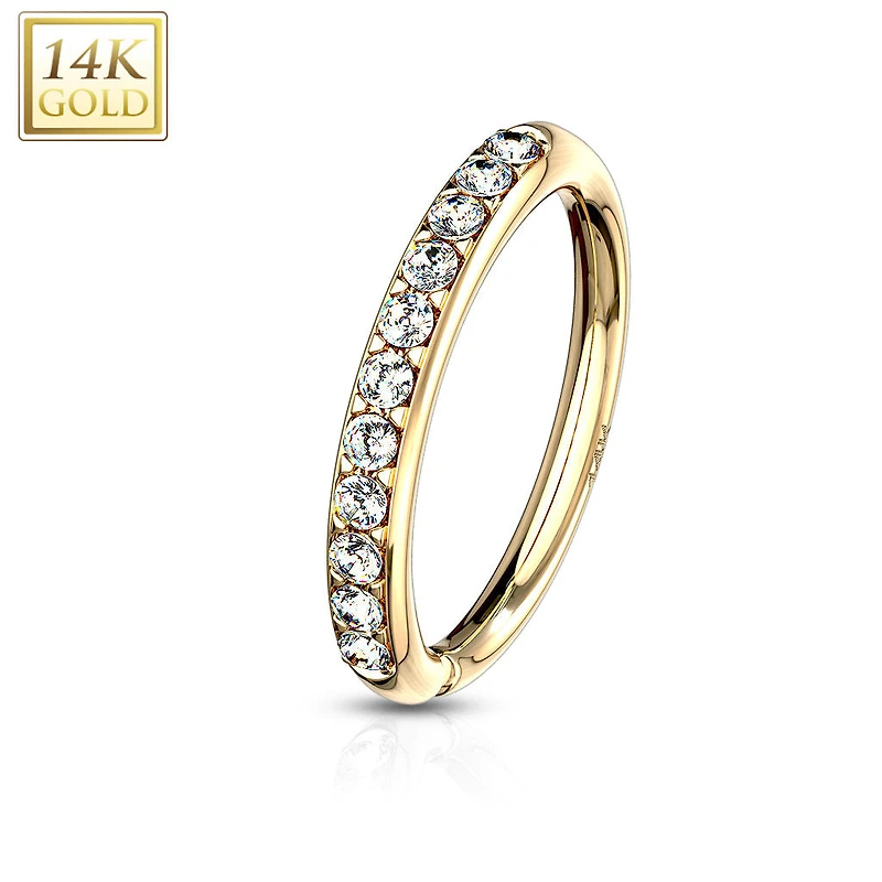 14KT Solid Yellow Gold White CZ Studded Nose Ring Hoop