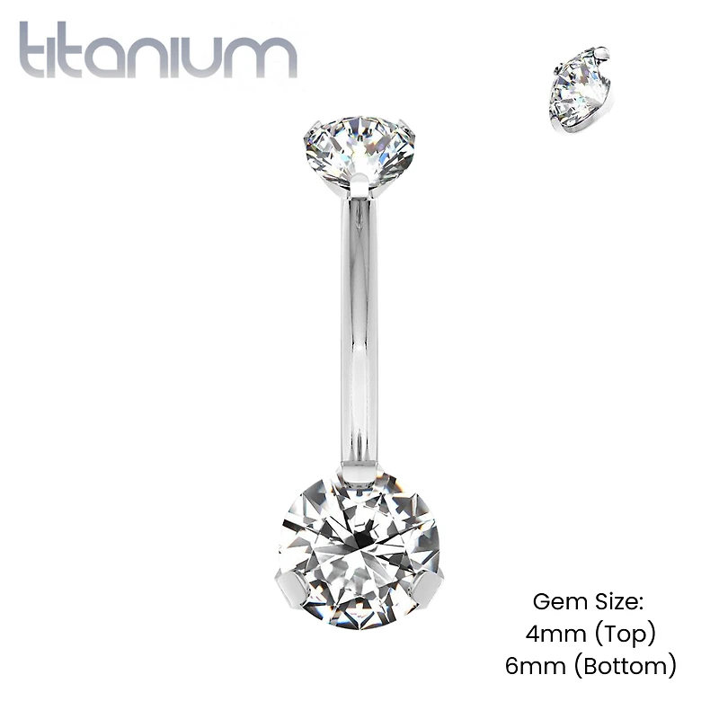 Implant Grade Titanium Internally Threaded CZ Prong Belly Button Navel Ring