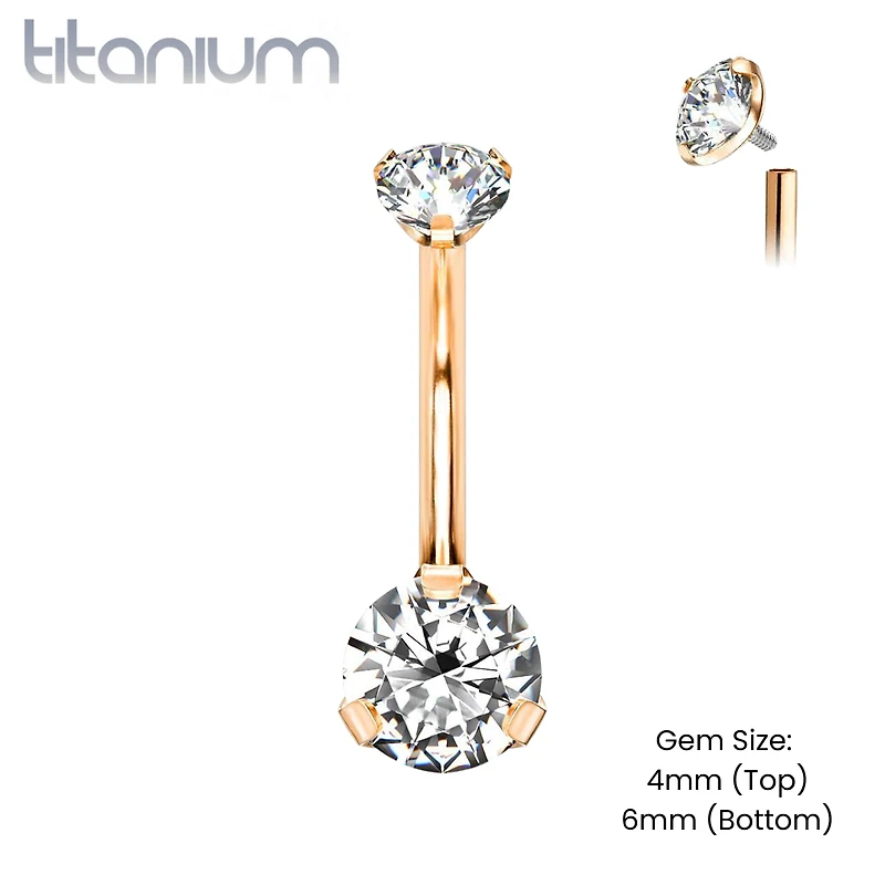 Implant Grade Titanium Internally Threaded Rose Gold PVD White CZ Prong Belly Button Navel Ring
