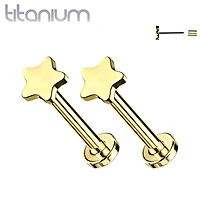 Pair of Implant Grade Titanium Threadless Gold PVD Small Dainty Star Earring Studs with Flat Back