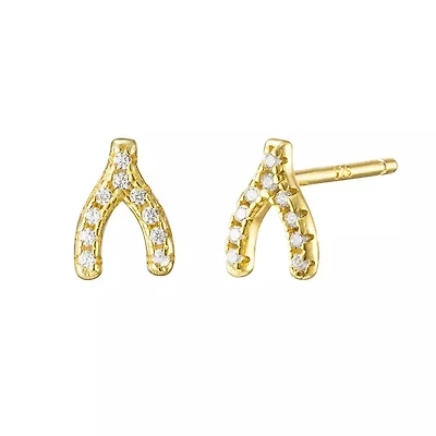 Pair of 925 Sterling Silver Gold PVD Small White CZ Wishbone Minimal Earring Studs