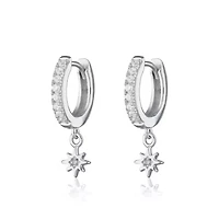 Pair of 925 Sterling Silver Dainty Starburst Dangle Minimal Hoop Earrings