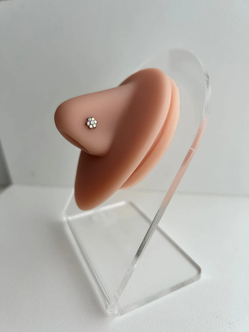 Implant Grade Titanium Threadless Push In Nose Ring White CZ Flower With Flat Back