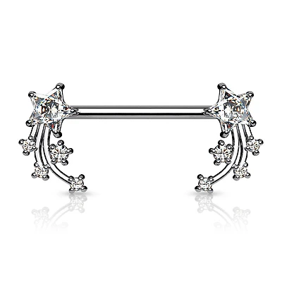 316L Surgical Steel White CZ Shooting Star Nipple Ring Straight Barbell