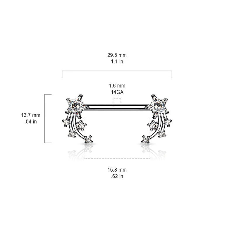 316L Surgical Steel White CZ Shooting Star Nipple Ring Straight Barbell