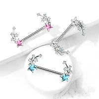 316L Surgical Steel Aqua & White CZ Shooting Star Nipple Ring Straight Barbell