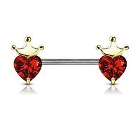 316L Surgical Steel Gold PVD Red CZ Heart With Crown Nipple Ring Straight Barbell