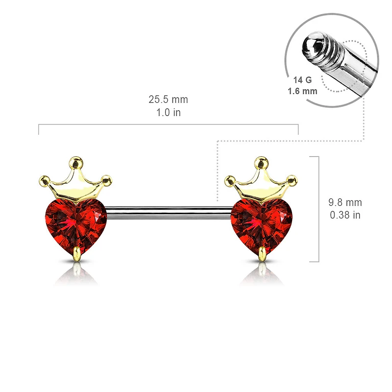 316L Surgical Steel White CZ Heart With Crown Nipple Ring Straight Barbell