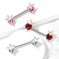 316L Surgical Steel White CZ Heart With Crown Nipple Ring Straight Barbell