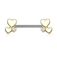 316L Surgical Steel Gold PVD White CZ With Hearts Nipple Ring Straight Barbell