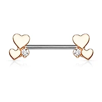 316L Surgical Steel Rose Gold PVD White CZ With Hearts Nipple Ring Straight Barbell