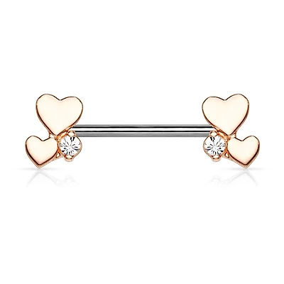 316L Surgical Steel Rose Gold PVD White CZ With Hearts Nipple Ring Straight Barbell