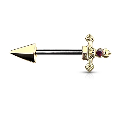 316L Surgical Steel Gold PVD Dark Red CZ Sword Dagger Nipple Ring Straight Barbell