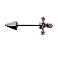 316L Surgical Steel Black PVD Dark Red CZ Sword Dagger Nipple Ring Straight Barbell