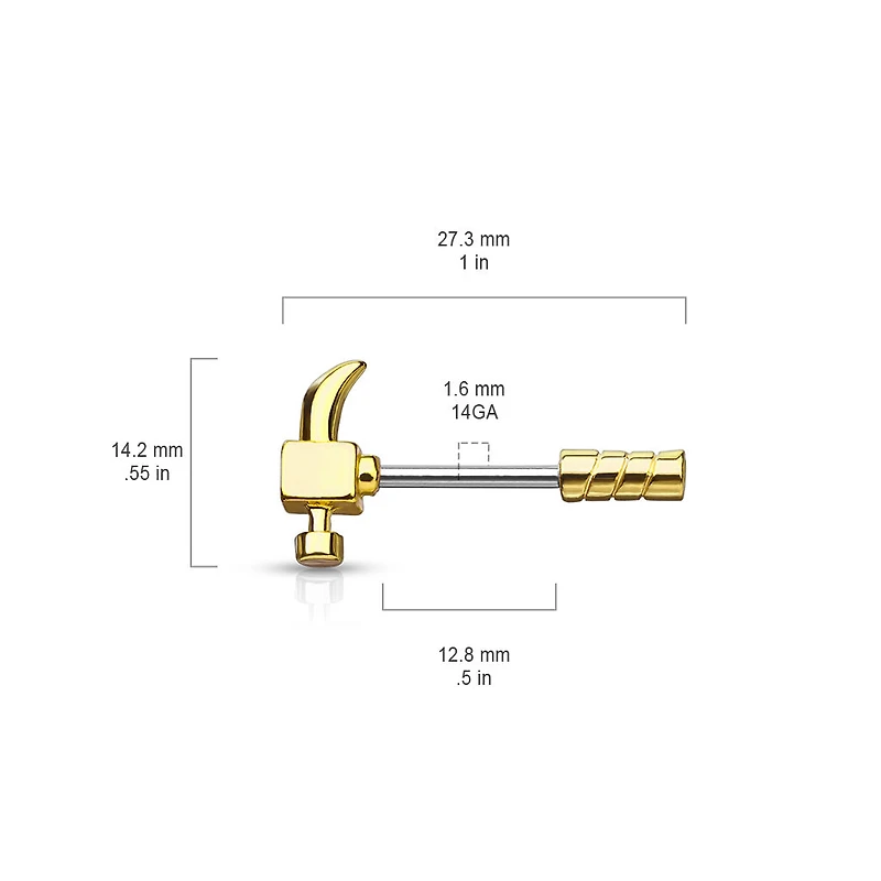 316L Surgical Steel Gold PVD Hammer Nipple Ring Straight Barbell