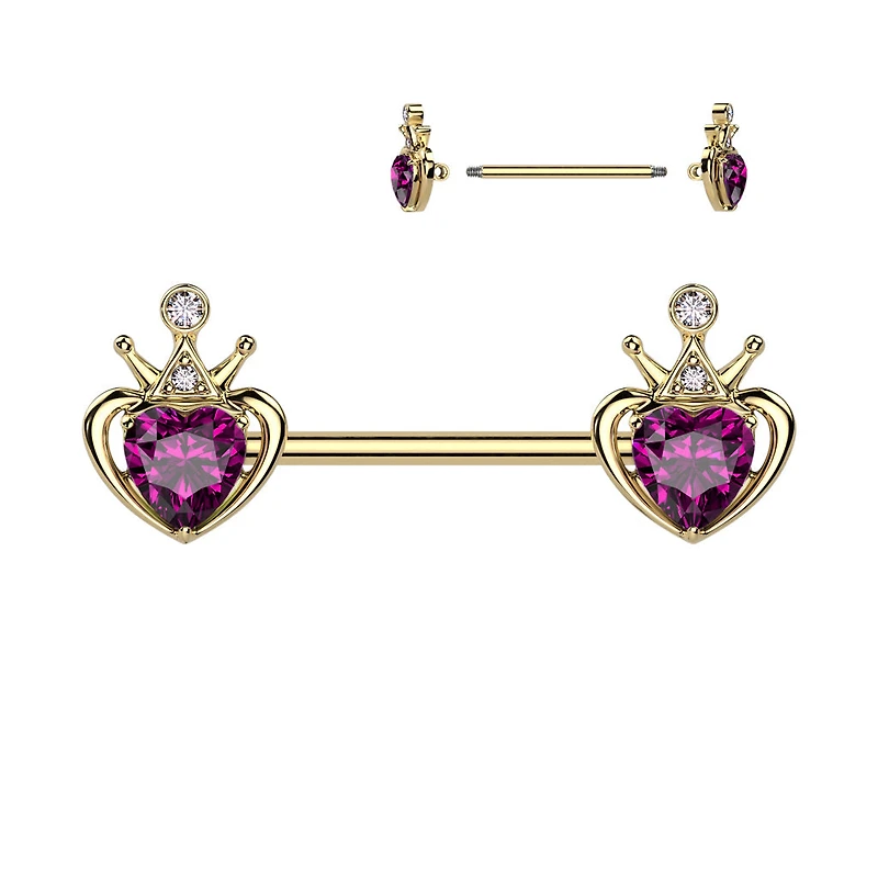 316L Surgical Steel Gold PVD Pink & White CZ Heart Crown Nipple Ring Straight Barbell