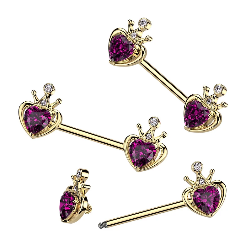 316L Surgical Steel Gold PVD Pink & White CZ Heart Crown Nipple Ring Straight Barbell