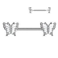 316L Surgical Steel White CZ Butterfly Nipple Ring Straight Barbell