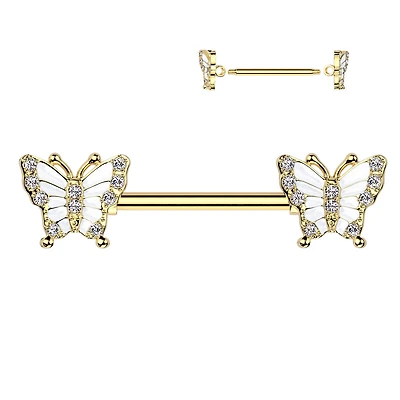 316L Surgical Steel Gold PVD White CZ Butterfly Nipple Ring Straight Barbell