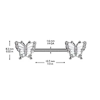 316L Surgical Steel Gold PVD White CZ Butterfly Nipple Ring Straight Barbell