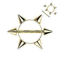 316L Surgical Steel Gold PVD Multi Spike Nipple Ring Shield Straight Barbell