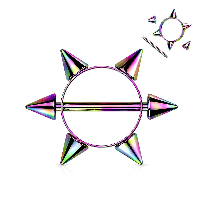 316L Surgical Steel Rainbow PVD Multi Spike Nipple Ring Shield Straight Barbell